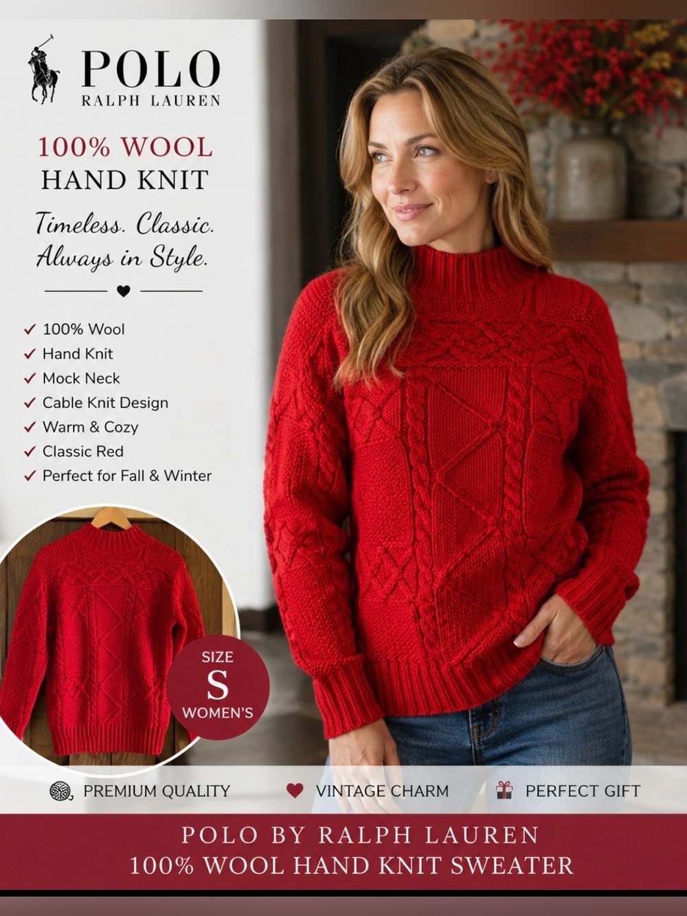 Ralph Lauren Red hand knit 100% wool Cable Knit Sweater women’s size small